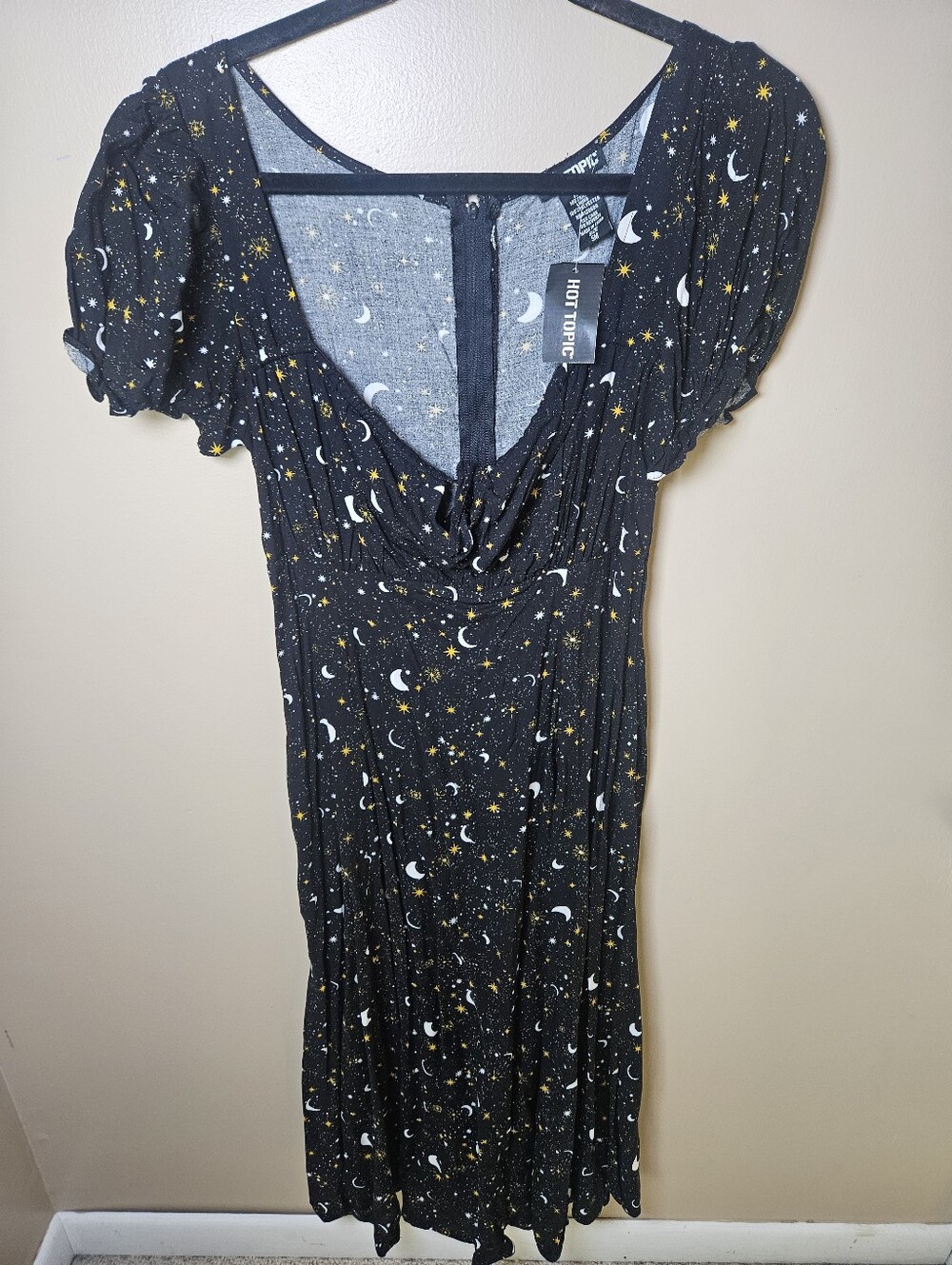 Hot Topic Black 4Ditsy Celestial Empire Midi Dress Small Stars Moon Galaxy NEW